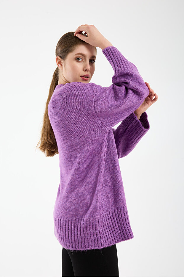 Oversize Basic Açık Mor Uzun Kadın Kazak - 5