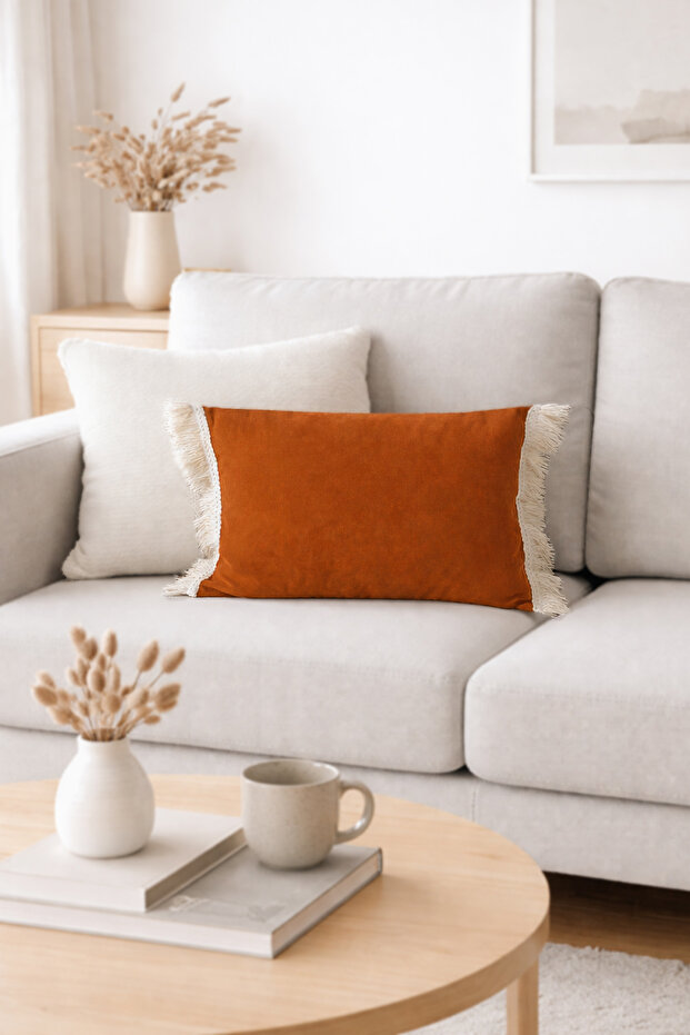 Tasseled Fringed Scandinavian Throw Pillow Cover Cinnamon Cream