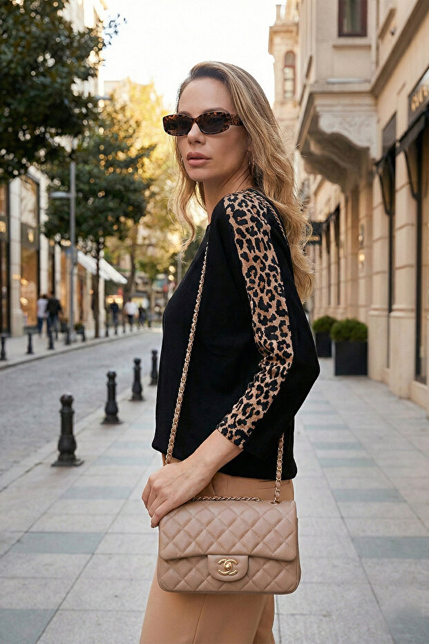 بلوزة بياقة دائرية وأكمام بنقشة الفهد BLUZ 5863809 - 2