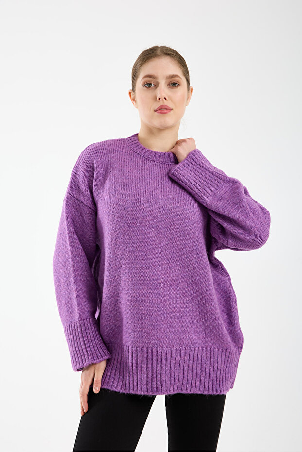 Oversize Basic Açık Mor Uzun Kadın Kazak - 1