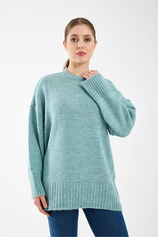 Oversize Basic Mint Uzun Kadın Kazak - 7