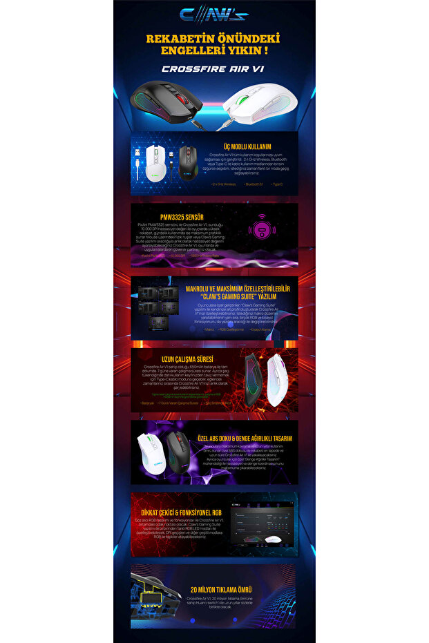 Crossfire Air V1 Tri-Mod Kablosuz 10000 Dpi Pixart 3325 Sensör Makro Yazılım RGB Gaming Mouse Siyah - 5