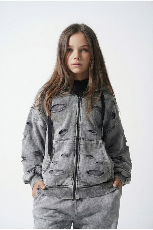 Girls' Wide-Leg Gray Distressed Detail Oversized Top and Bottom Tracksuit Set, Ages 10-11-12-13-14
