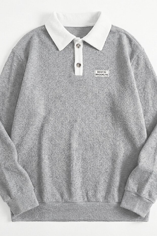 Grimelanj Polo Collar Buttoned Waffle Fabric Long Sleeve T-Shirt