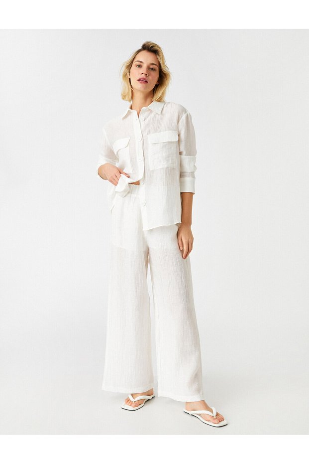 Elastic Waist Wide Leg Pants Linen Blend