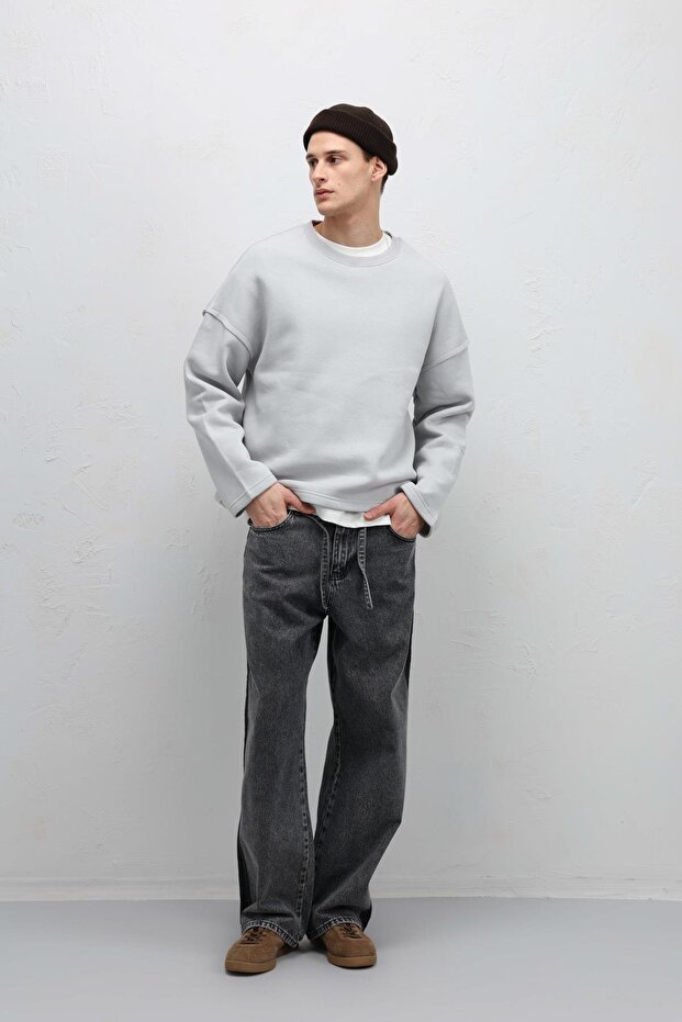 Boxy Fit Basic Sweatshirt Açık Gri - 6
