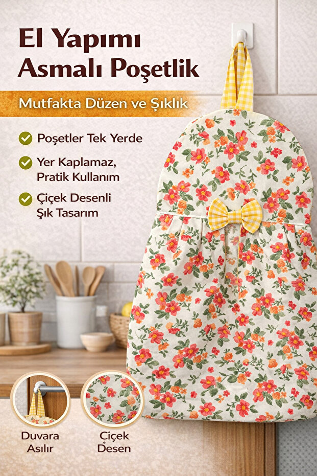 Handmade Bag Holder, Hangable Duck Fabric Kitchen Bag Organizer, Floral Model