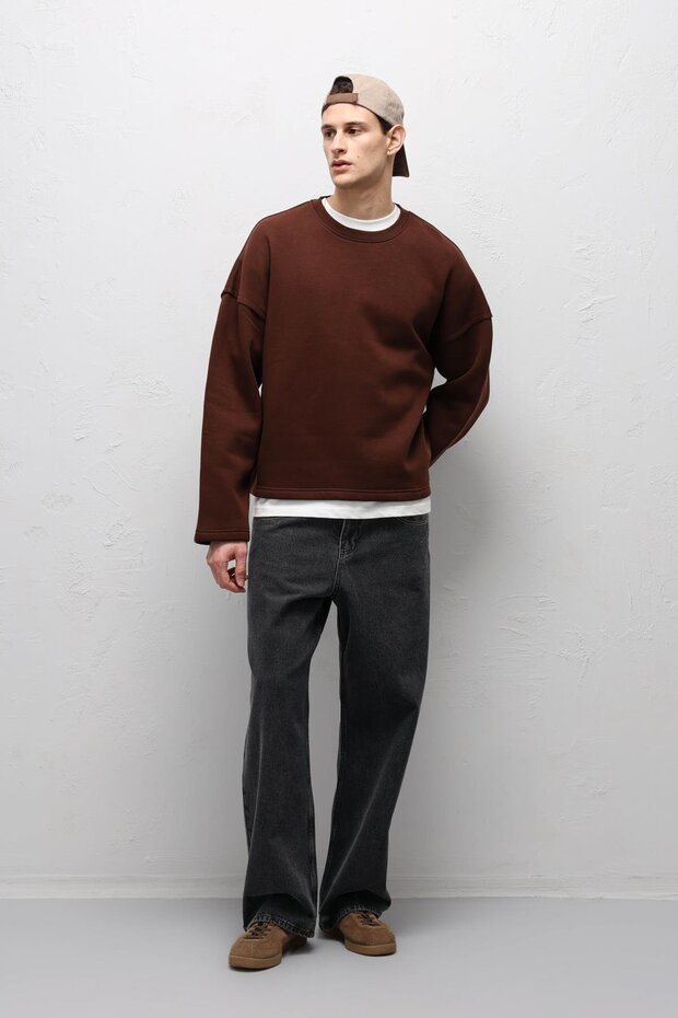 Boxy Fit Basic Sweatshirt Kahve - 3