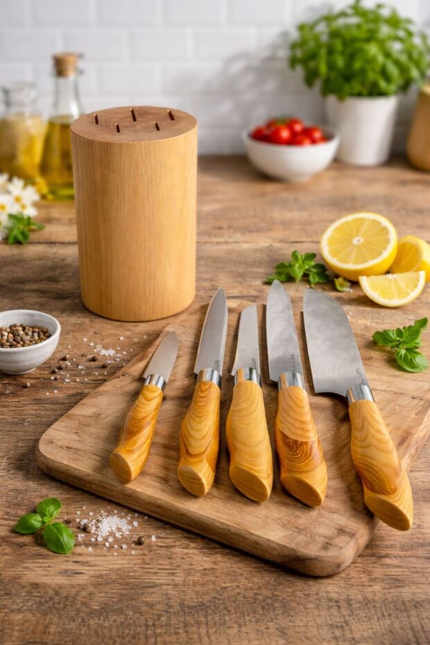 5-Piece Knife Set with Wooden Handles and Natural Wood Block – Stylish, Durable, and Premium Presentation