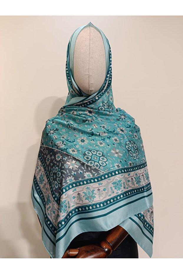 Ethnic Patterned Turquoise/Grey Cotton Shawl
