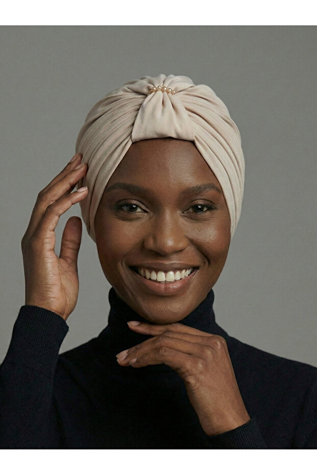 Crystal Butterfly Stone Embroidered Ribbed Lined Beige Ready-Made Turban Hijab Evening Dress Bonnet