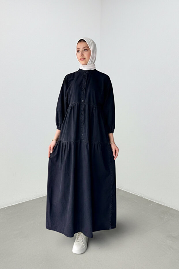 Buttoned Floor Detailed Slim Denim Dress