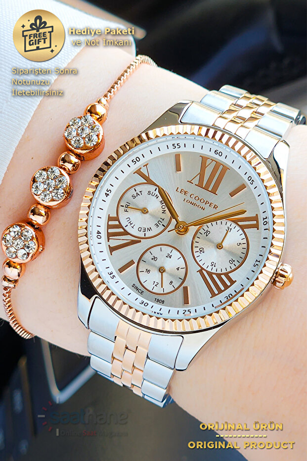 Original Lee Cooper Functions Rose Gold White Silver Steel Women's Wristwatch with Active Calendar