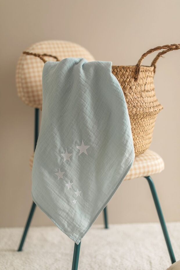 Cotton Muslin Baby Blanket - Star Embroidered Mint 90x100 cm Multi-Purpose Muslin Blanket