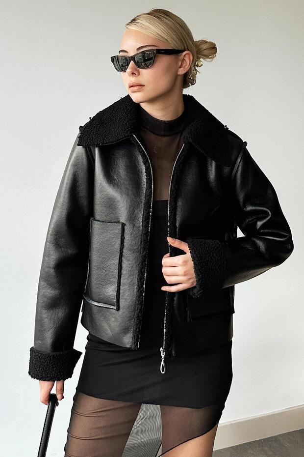 Black Double Pocket Faux Leather Biker Jacket with Faux Fur Inside Prm0408
