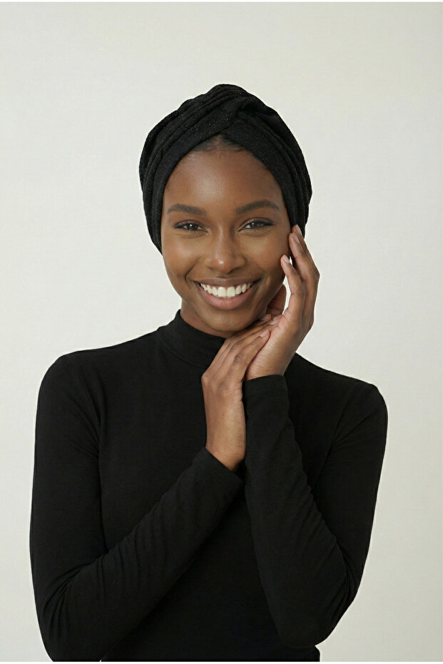 Cross Fukuro Glitter Lined Black Ready-made Hijab Hijab Evening Dress Bonnet