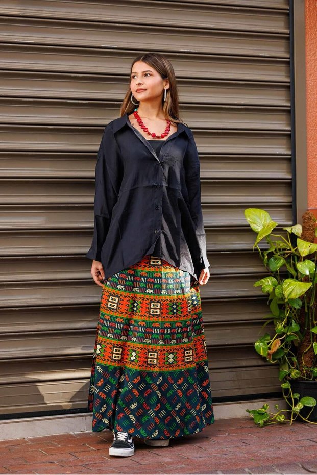 Orange Color Ethnic Patterned Wrap Skirt