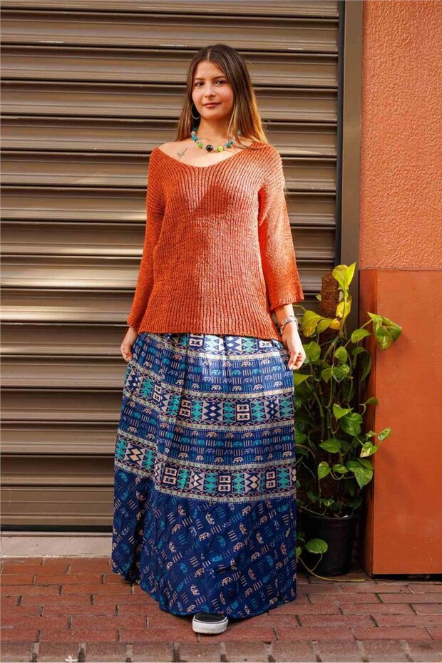 Navy Blue Color Ethnic Patterned Wrapped Skirt