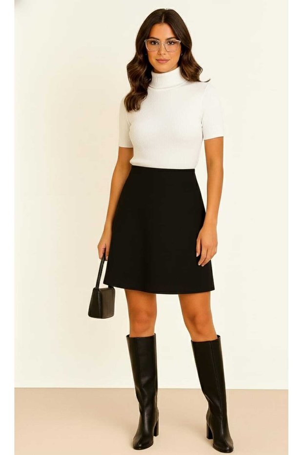 Above-the-knee black Brioche Knit women's flared skirt, high-waisted, elastic waist, everyday loose comfortable model