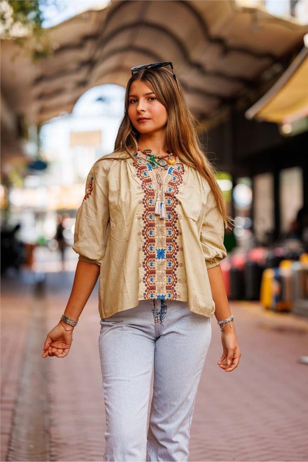 Beige Color Tasseled Collar Frilled Embroidered Blouse