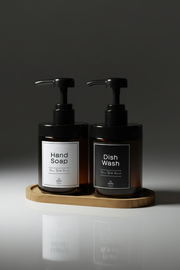 Set of 2 Amber Glass Soap Dispensers with Wooden Stand 220 ml Not Affected by Water Set with Labels