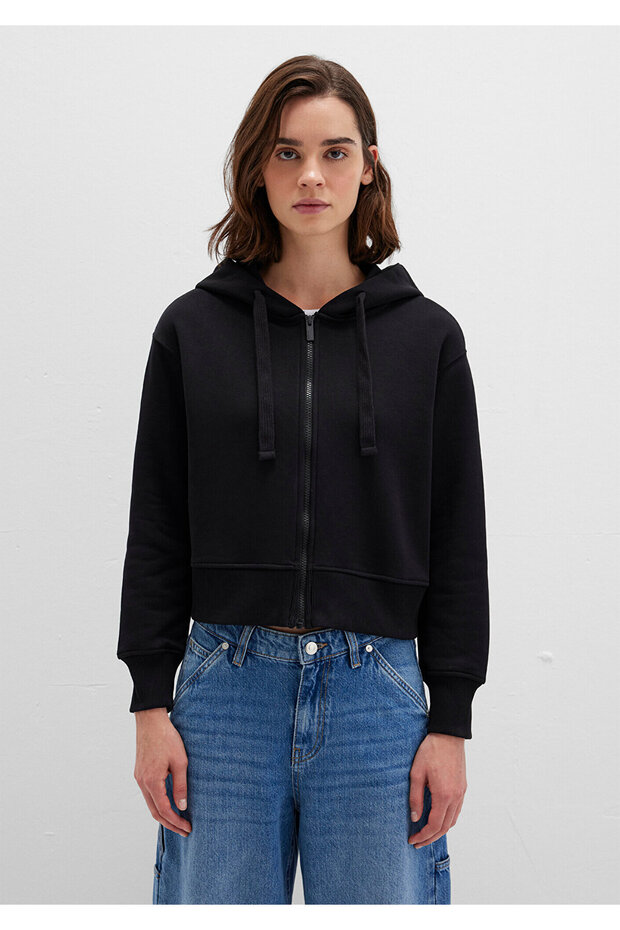 Kapüşonlu Siyah Basic Crop Sweatshirt 1S10388-900 - 4