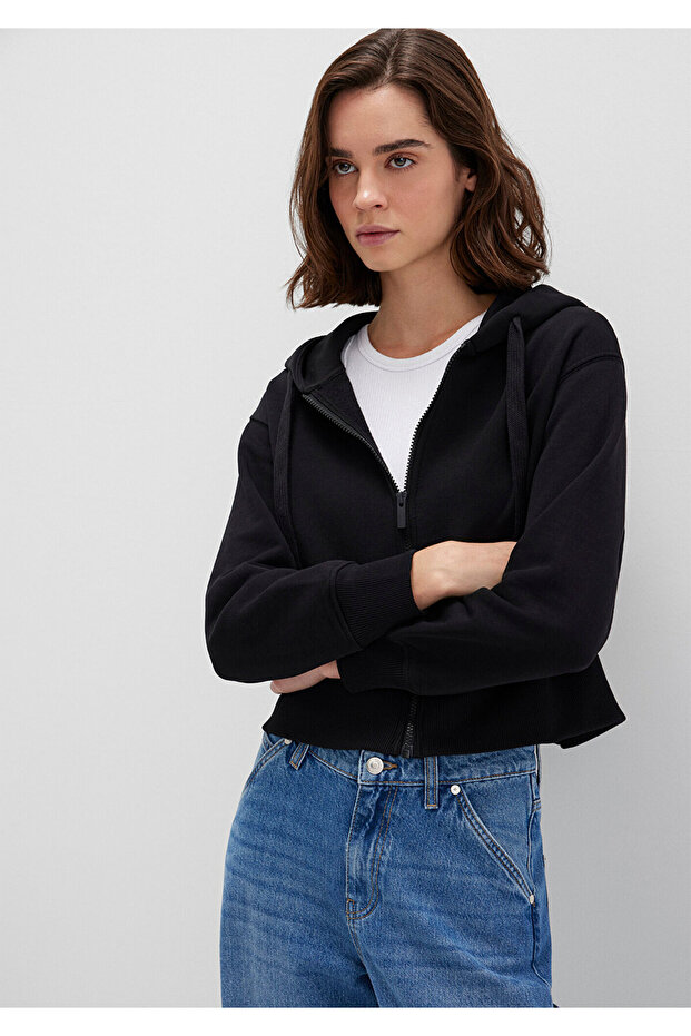 Kapüşonlu Siyah Basic Crop Sweatshirt 1S10388-900 - 3