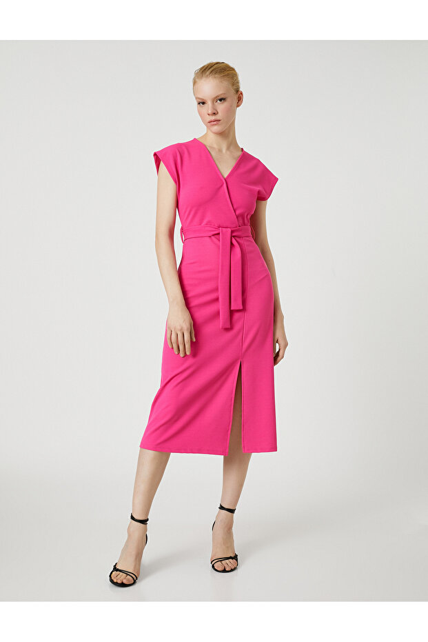 Midi Dress Belted Slit V-Neck
