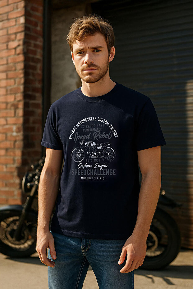 Men's 100% Cotton Crew Neck Motor Printed T-Shirt