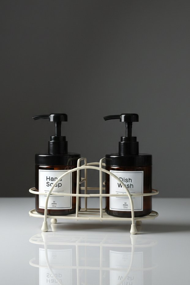 Set of 2 Amber Glass Soap Dispensers 220 ml with Black Metal Stand and Sponge Holder Kitchen Bathroom Set