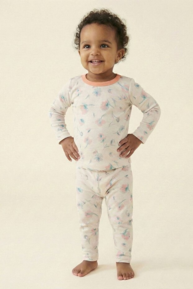 White Patterned Baby Girl 100% Cotton Pajama Set - Soft Patterned Long Sleeve Sleep Set