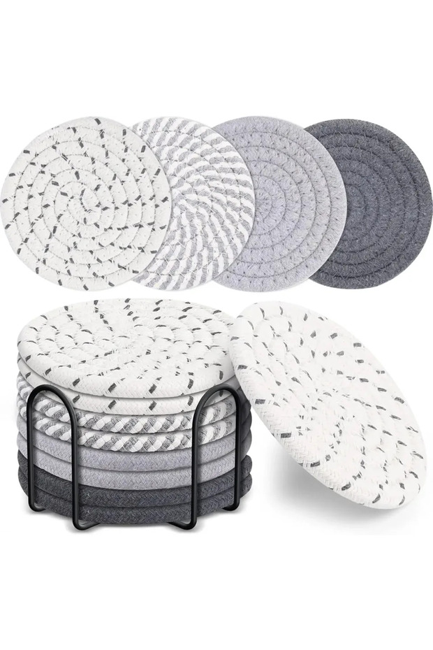11cm 8pcs Grey 8-Piece Set Absorbent Coasters for Drinks, Minimalist Cotton Woven Coasters Coffee Ta