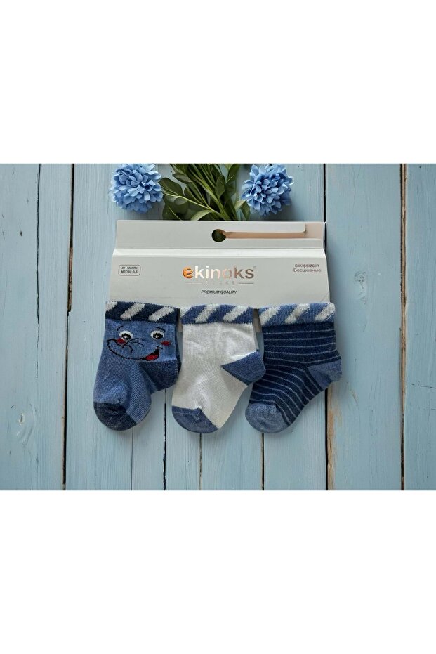 Elephant Patterned Triple Baby Socks Blue