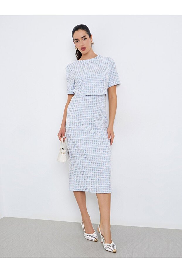 Women Light Blue Tweed Midi Dress