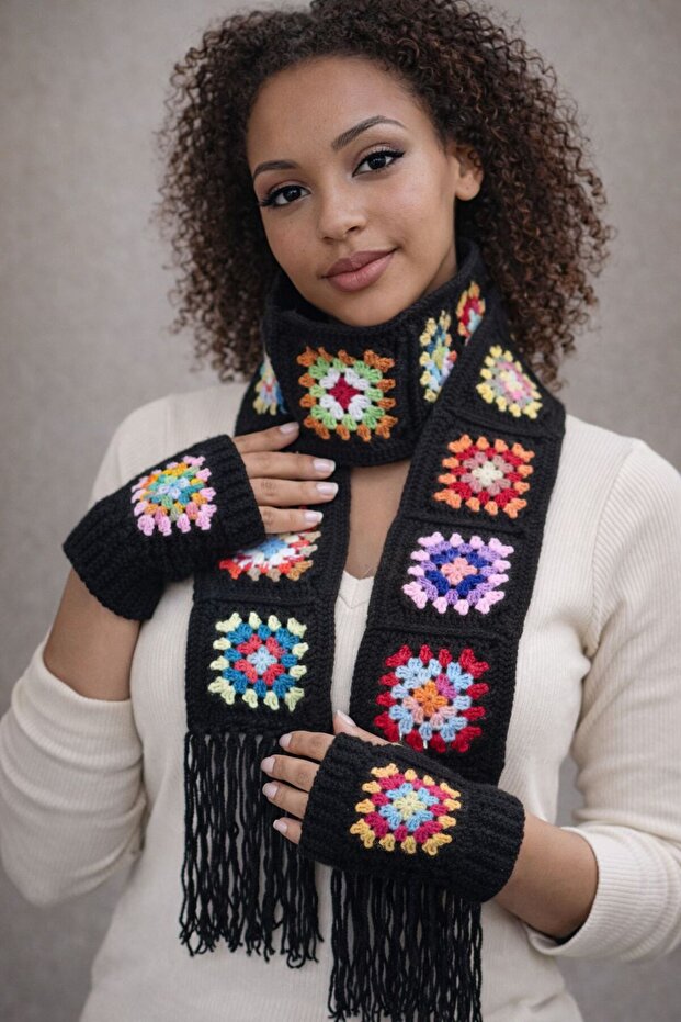 Hand Knitted Ethnic Motif Fingerless Gloves and Scarf Set