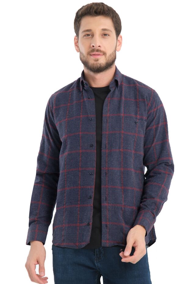 Men's Navy Blue Checkered Winter Shirt Original Woolen Fabric Wide Cut with Pockets