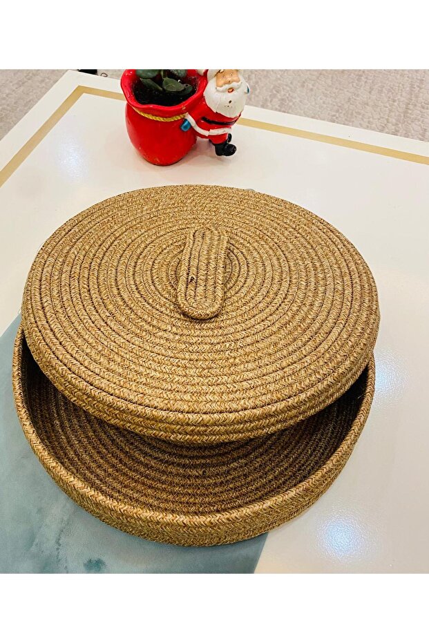 Natural, Jute, Wicker, 35X35, Patterned with Cover, Basket, In-Cabinet, Children's Room, Organizer, Bread Basket