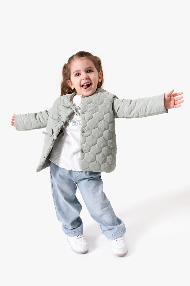 3-Piece Girl's Set with Bow Detail Quilted Coat 9088