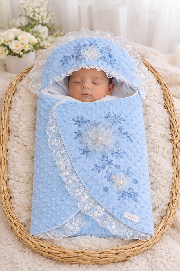 Lace & Veiled Blue 100% Cotton Newborn Unisex Baby Swaddle - Blanket Mawlid Gown