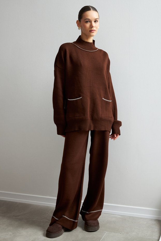 Women's Brown Turtleneck Pocket Detailed Sweater Pants Knitwear Set