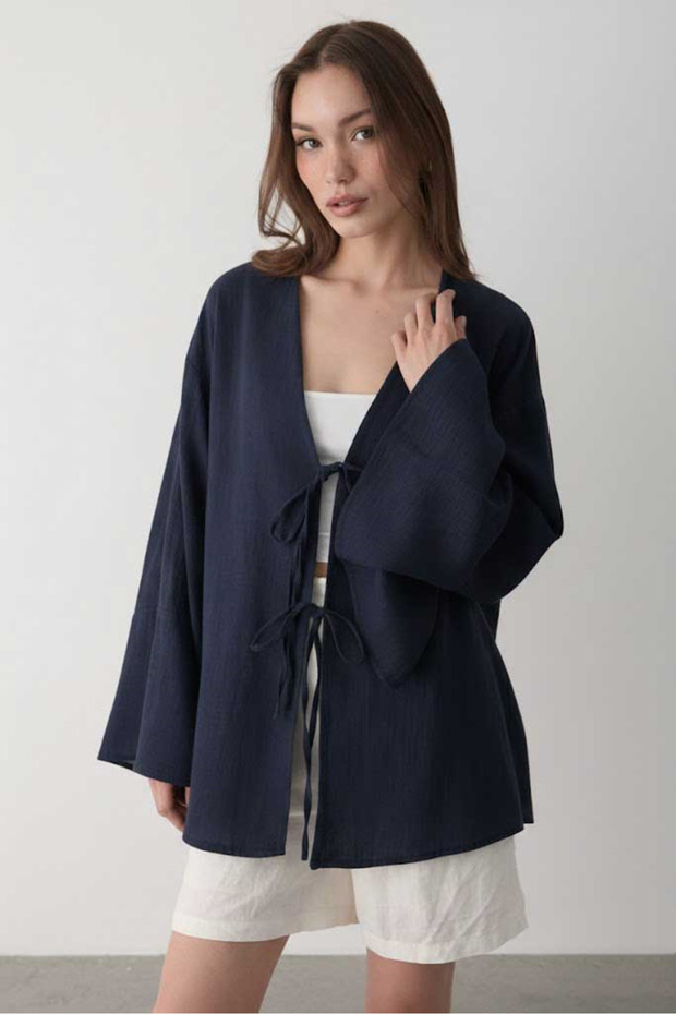 Women's Bat Sleeve Double Tie Kimono 100% Cotton Dark Blue