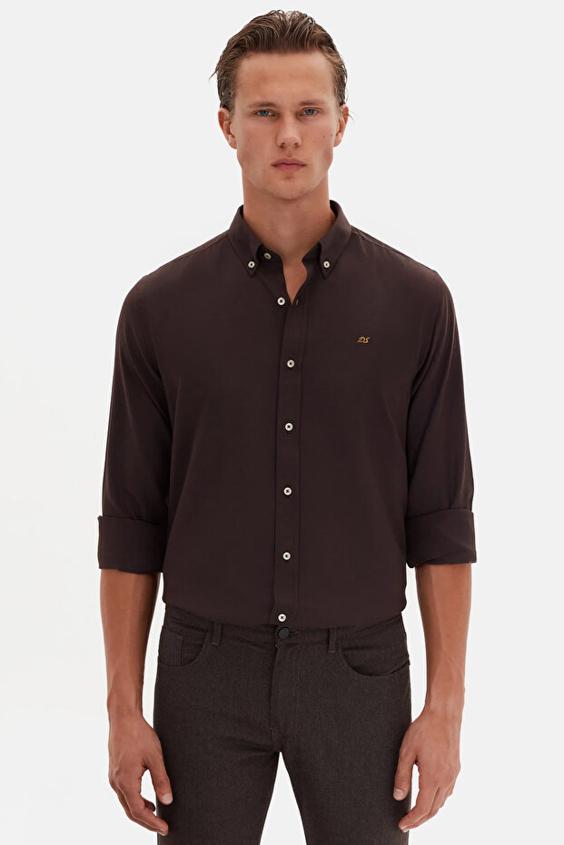 Ds Damat Slim Fit Bitter Coffee Oxford Button Collar Easy-Iron Embroidery Detailed Cotton Shirt