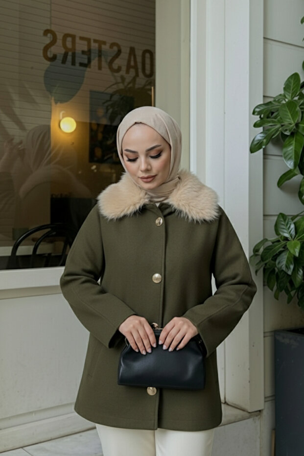 Khaki Fur Collar Lined Cashmere Jacket Coat 2121