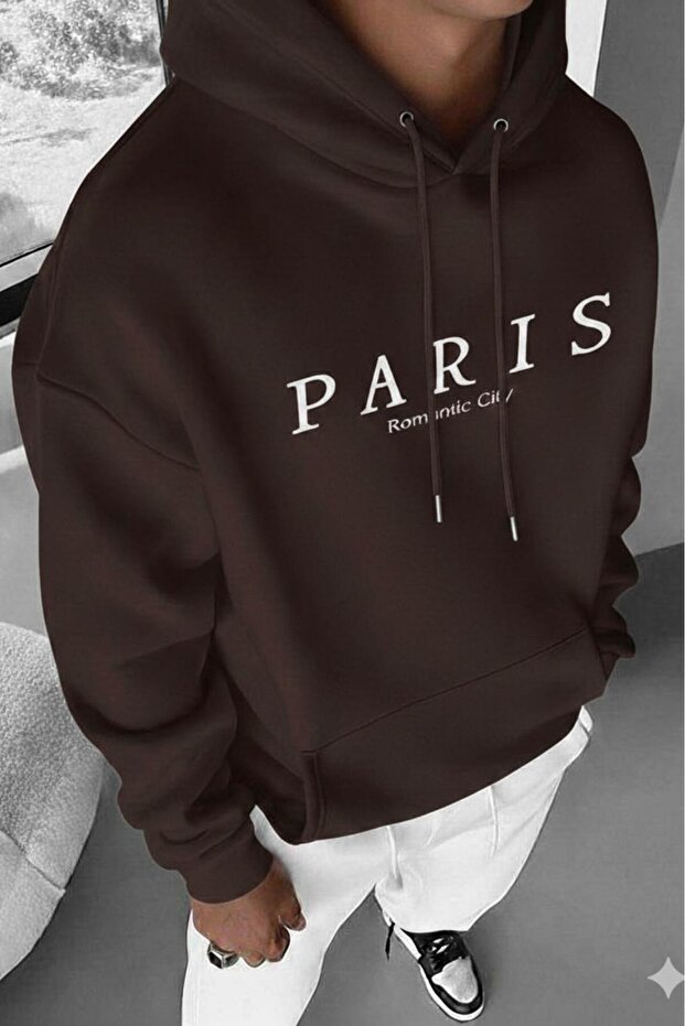 Men's Brown Paris Romantic City Printed Hooded Sweatshirt