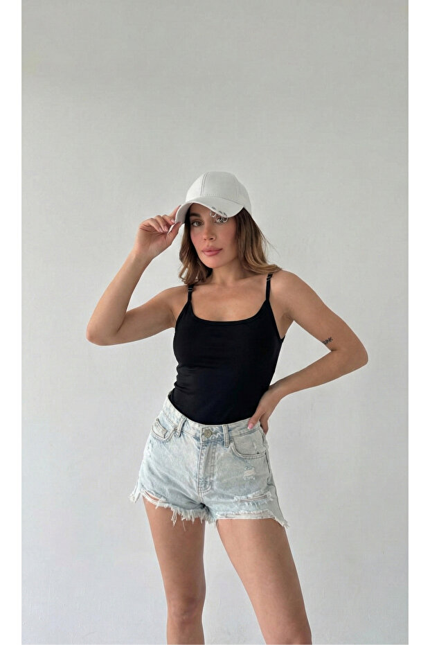 Women's Black Adjustable String Strap L Stretch Fabric Basic Body - 1