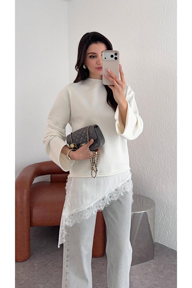 Dantelli Beyaz Sweat - 1