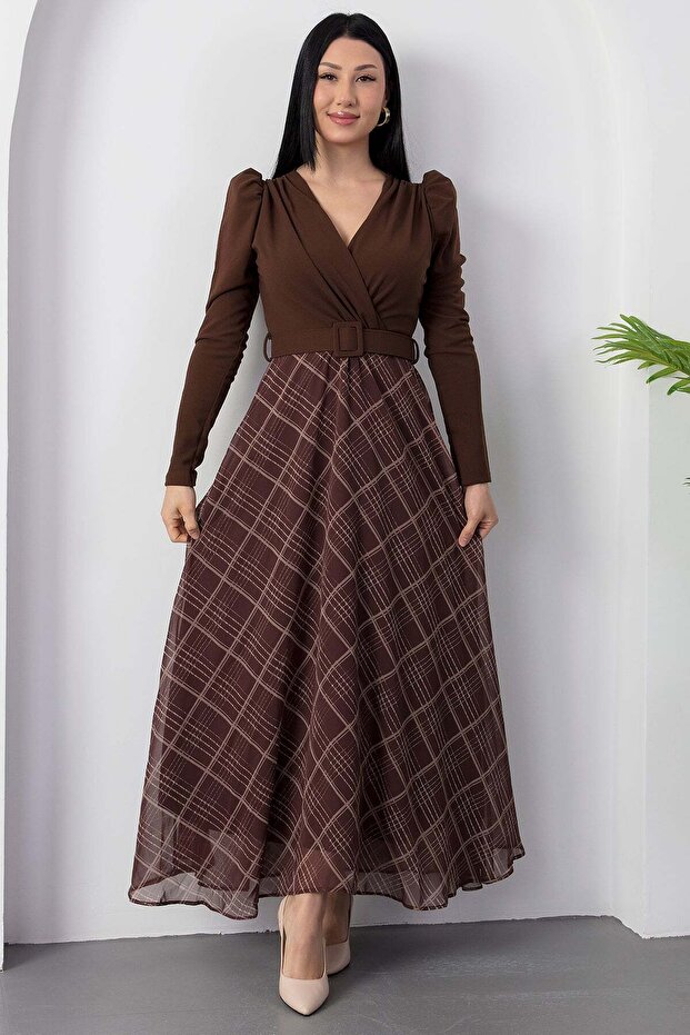 Üstü Krep Eteği Şifon Kemerli Elbise GRS3860 - 6