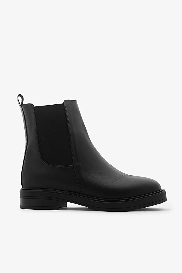 Black Genuine Leather Women's Short Heeled Boots with Elastic Sides