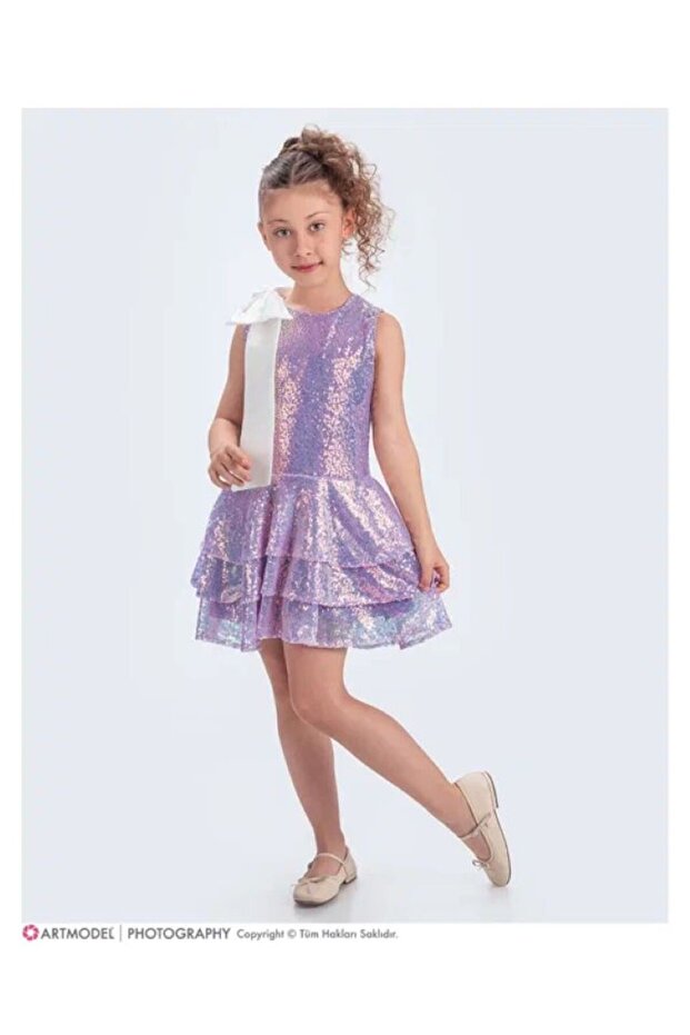 Collar Bow Sparkling Sequin Fabric Girls' Evening Dress