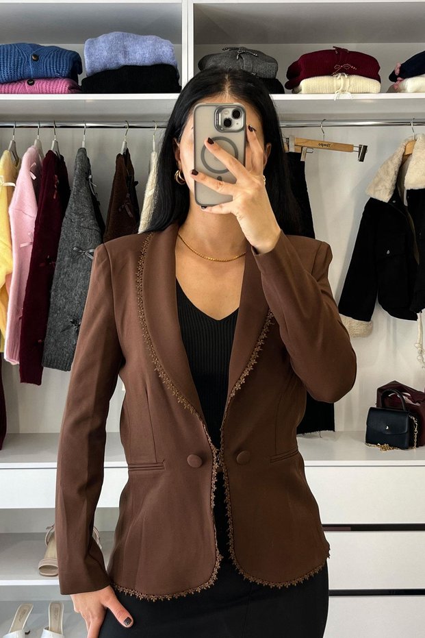Back Guipure Detail Blazer Jacket - Brown Brown